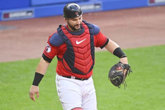 Jun 10, 2023; Cleveland, Ohio, USA; Cleveland Guardians catcher Mike Zunino (10) reacts after a passed ball in the sixth inning against the Houston Astros at Progressive Field.