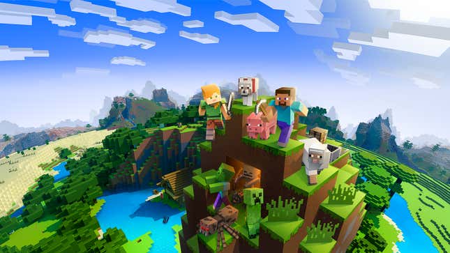 Minecraft-Werbebild mit mehreren Biomen, Wölfen, Tieren und Feinden.