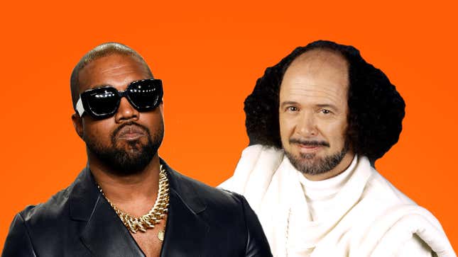 composite image showing kanye west on the left and religious cult founder Claude Vorilhon on the right, on a plain orange background