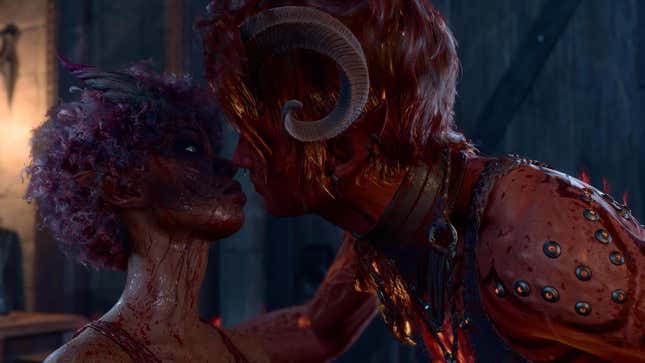 Two BG3 characters are covered in blood while kissing.