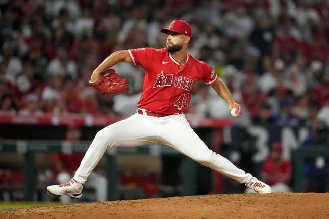 Jul 18, 2023; Anaheim, California, USA; Los Angeles Angels starting pitcher Patrick Sandoval (43) throws against the New York Yankees in the seventh inning at Angel Stadium.