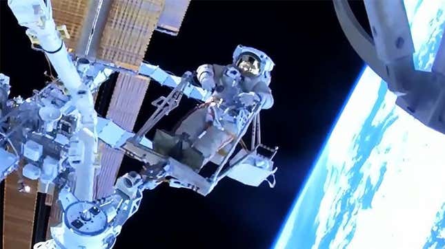 Cosmonaut Sergey Prokopyev rides the European robotic arm for the first time during a spacewalk on August 9.