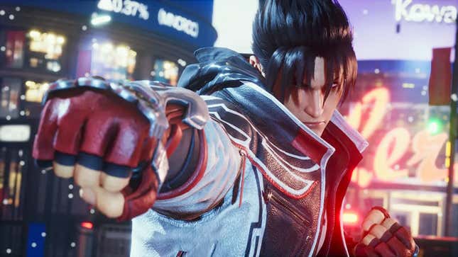 Tekken protagonist Jin Kazama punches his right fist toward the screen.