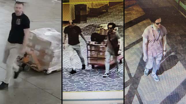 Three images show two suspects at stealing a pallet of merchandise at the Indiana Convention Center.