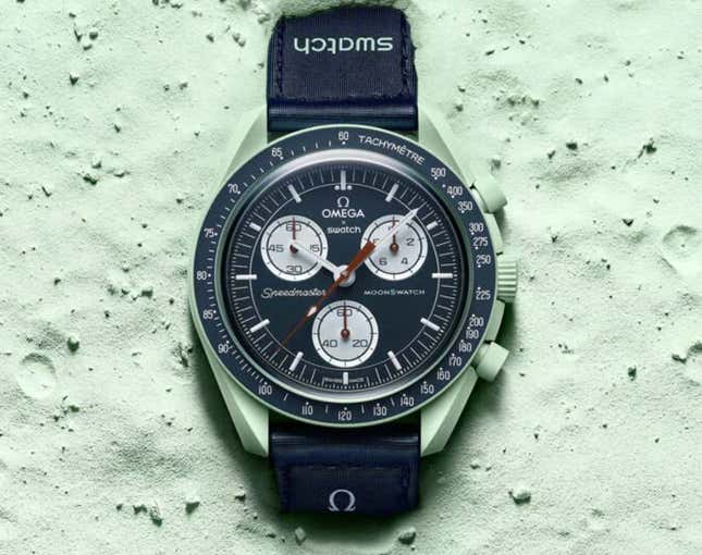 A closeup of the Swatch Omega Speedmaster Moonswatch