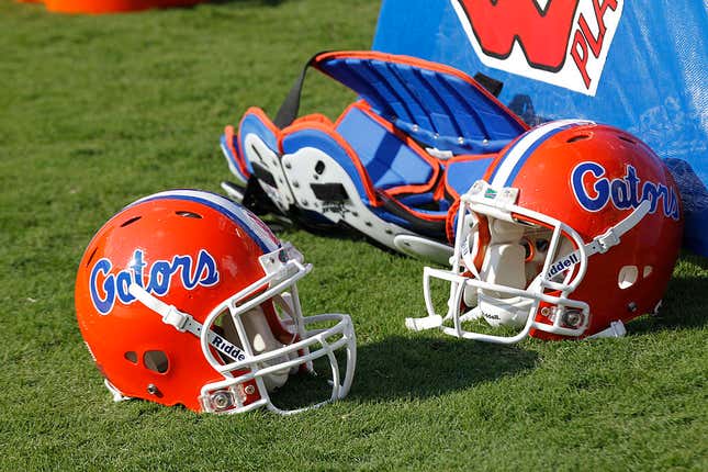 KNOXVILLE, TN - SEPTEMBER 15: Florida Gators football helmets on the field before the game against the Tennessee Volunteers at Neyland Stadium on September 15, 2012, in Knoxville, Tennessee.