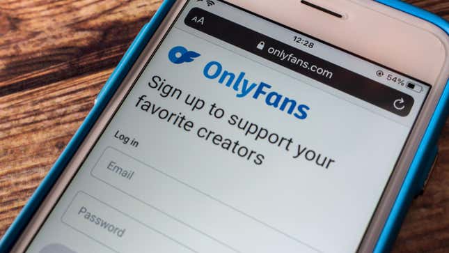 A smartphone displaying the OnlyFans app login screen