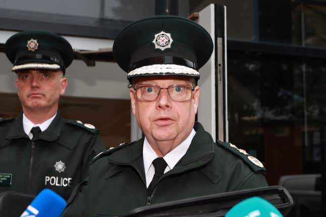 Police Service of Northern Ireland Chief Constable Simon Byrne reads a statement outside James House in Belfast, Northern Ireland, Thursday Aug. 31, 2023, after a special meeting of the Policing Board. Northern Ireland’s top police officer resigned Monday Sept. 4, 2023 following a series of controversies that plagued the police force, including what he described as an “industrial scale” data breach. The Northern Ireland Policing Board confirmed that Simon Byrne has resigned as chief constable, with immediate effect. (Liam McBurney/PA via AP)