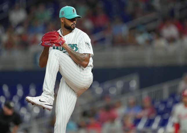 Jul 7, 2023; Miami, Florida, USA;  Miami Marlins starting pitcher Sandy Alcantara (22) pitches in the first inning against the Philadelphia Phillies at loanDepot Park.