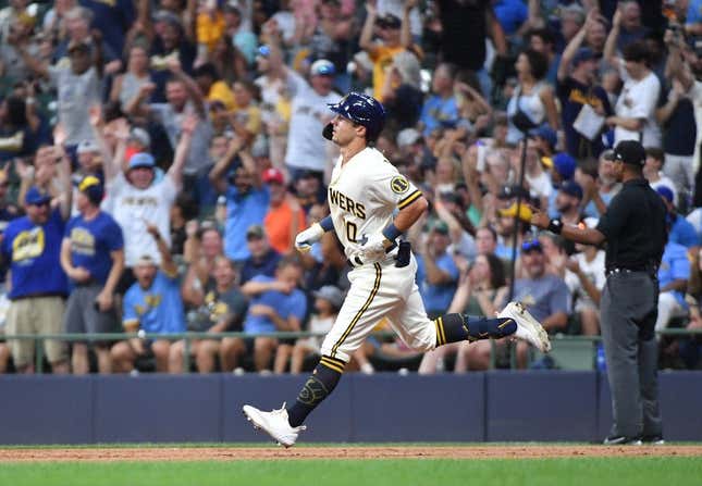 Aug 3, 2023; Milwaukee, Wisconsin, USA; Milwaukee Brewers outfielder Sal Frelick (10) rounds the bases after hitting a home run against the Pittsburgh Pirates in the sixth inning at American Family Field.