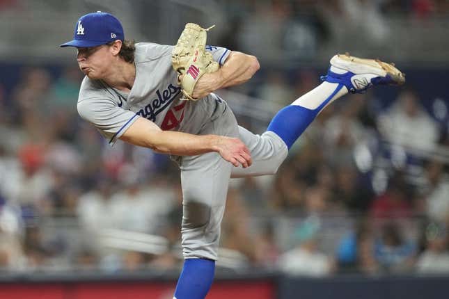Sep 7, 2023; Miami, Florida, USA; Los Angeles Dodgers starting pitcher Ryan Pepiot (47) pitches against the Miami Marlins in the seventh inning at loanDepot Park.