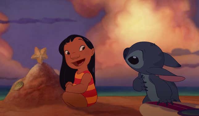 Lilo and Stitch on a beach.