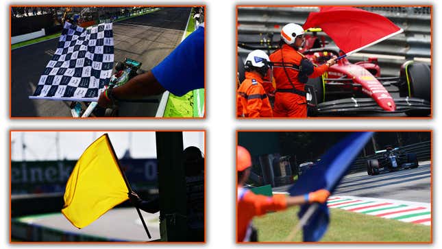 A collage of images of four different colored F1 flags. 