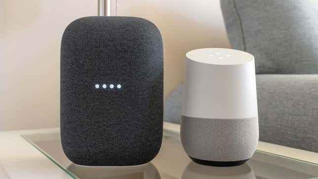 A photo of the Nest Audio and first-gen Google Home smart speaker