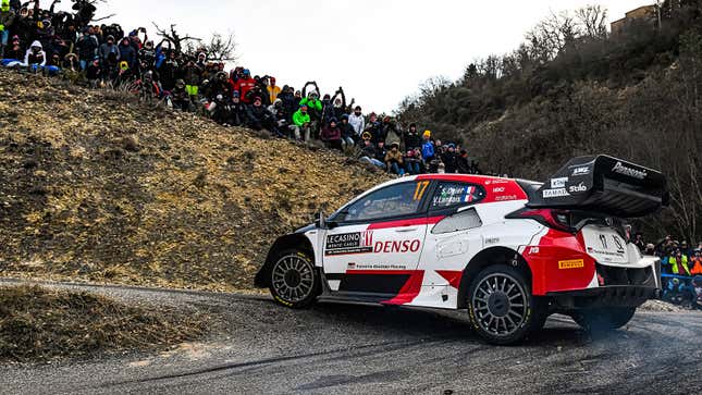 Sebastien Ogier and Vincent Landais round a corner in the Toyota Gazoo Racing WRT GR Yaris Rally1 Hybrid during day three of the FIA World Rally Championship Monte-Carlo on January 21, 2023.