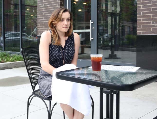 Image for article titled Freezing Woman Dining Outside Desperately Clutching Cloth Napkin For Warmth