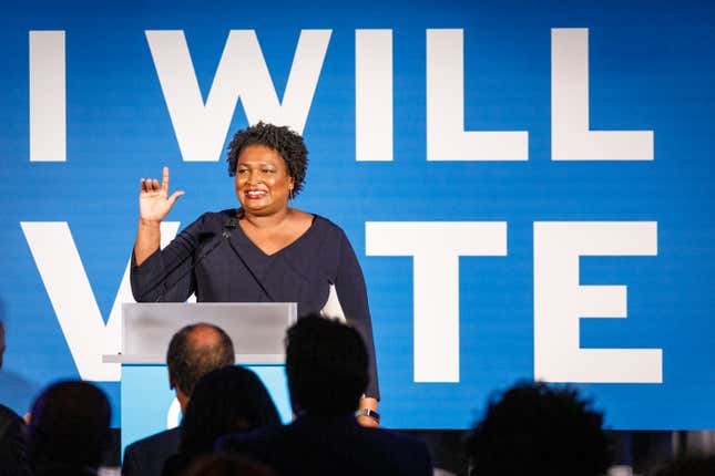 Former minority leader of the Georgia House of Representatives Stacey Abrams speaks to a crowd at a Democratic National Committee event at Flourish in Atlanta on June 6, 2019 in Atlanta, Georgia. The DNC held a gala to raise money for the DNCs IWillVote program, which is aimed at registering voters. 