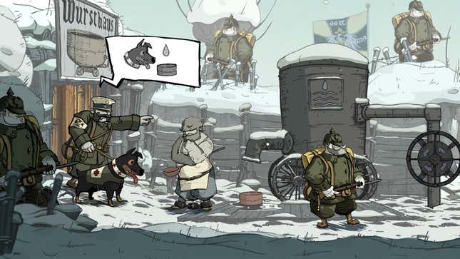 Soldiers stand in the trends of World War I in Valiant Hearts.