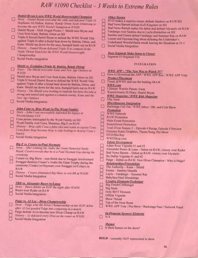 Image for article titled This Is What A WWE Raw Script Looks Like
