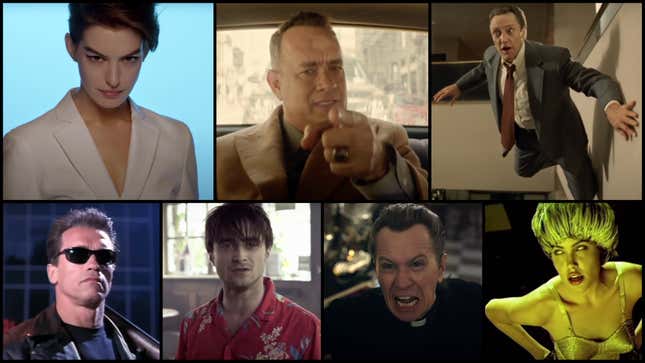 Clockwise from top left: Anne Hathaway in Jenny Lewis’ “Just One Of The Guys”; Tom Hanks in Carly Rae Jepsen’s “I Really Like You”; Christopher Walken in Fatboy Slim’s “Weapon Of Choice”; Angelina Jolie in the Rolling Stones’ “Anybody Seen My Baby”; Gary Oldman in David Bowie’s “The Next Day”; Daniel Radcliffe in Slow Club’s “Beginners”; and Arnold Schwarzenegger in Guns N Roses’ “You Could Be Mine” (All music video screenshots from YouTube)