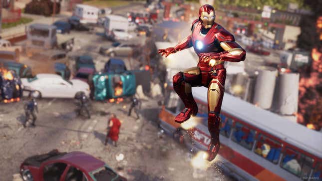 Iron Man floats above crashed cars.