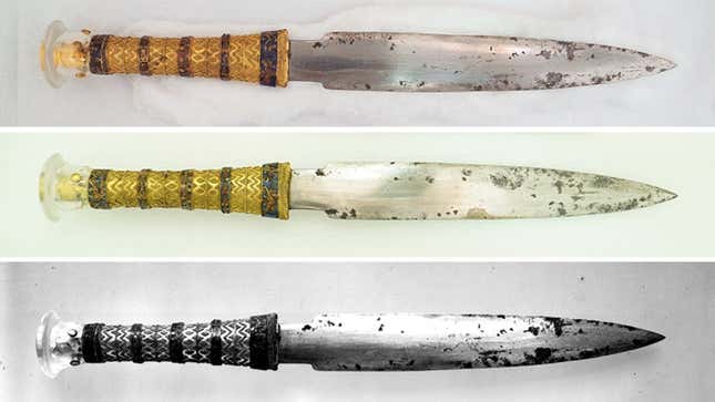 Top two: the two sides of Tutankhamun’s dagger. Bottom: the dagger as it was photographed in 1925.