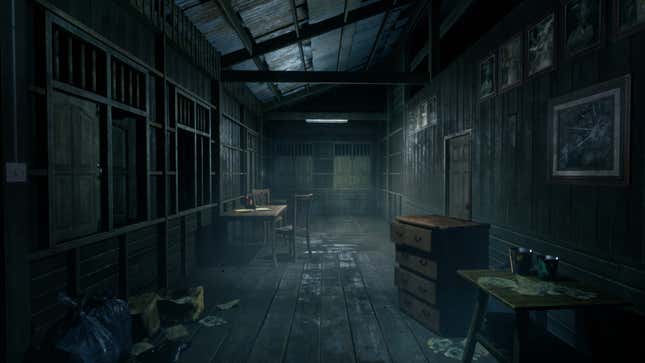 Empty, gray wooden room with garbage on the ground and strewn wooden furniture in the game Home Sweet Home.