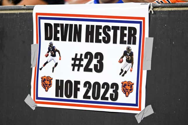 A fan sign promoting former NFL player Devin Hester for the Pro Football Hall of Fame during the half of a preseason game between the Chicago Bears and the Cleveland Browns at FirstEnergy Stadium.