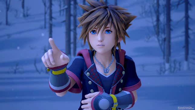 An image of Kingdom Hearts hero Sora pointing at something while standing in the snow.