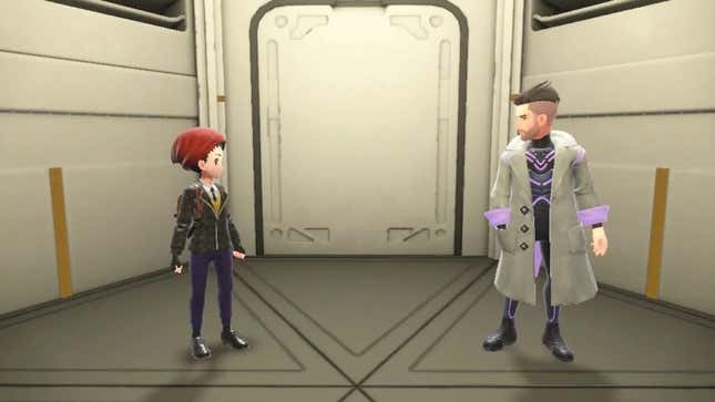 A trainer is seen talking to Professor Turo in an elevator.