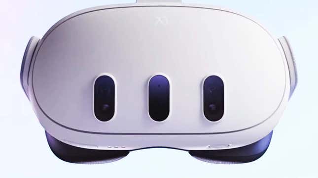 A screenshot shows the front of the new Meta Quest 3 VR headset. 