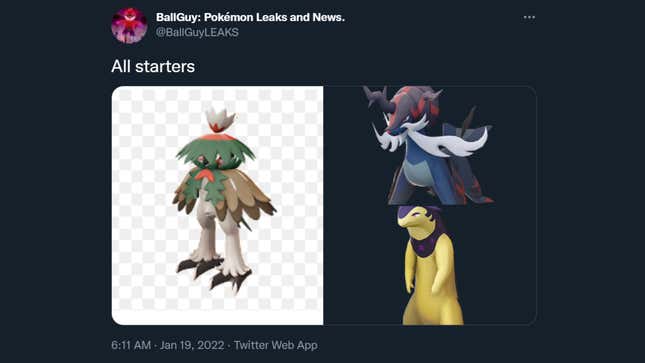 Screenshot of a tweet featuring three new Pokémon.