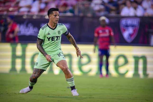 Aug 26, 2023; Frisco, Texas, USA; Austin FC forward Sebastian Driussi (10) in action during the game between FC Dallas and Austin FC at Toyota Stadium.