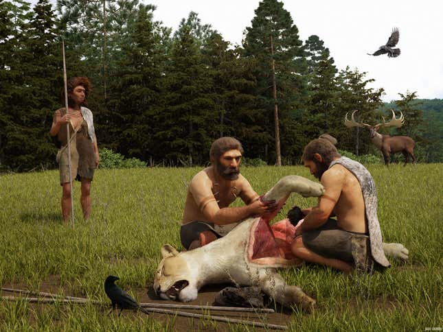 Eine künstlerische Darstellung von Neandertalern, die einen frisch getöteten Höhlenlöwen abschlachten.