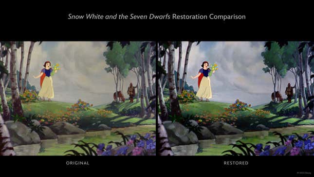 Snow White original versus 4k restoration in side-by-side panels