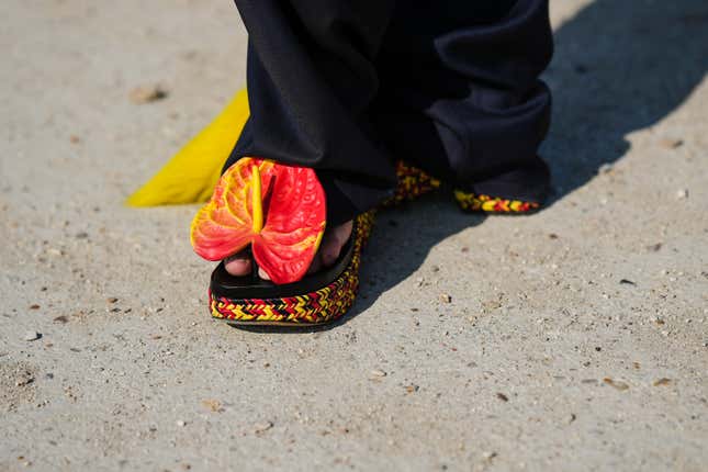 A beautiful floral sandal in the deep reds and yellows I’m talking about!