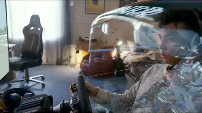 Jann Mardenborough (Archie Madekwe) plays Gran Turismo in his room as a CG car slowly envelops him.