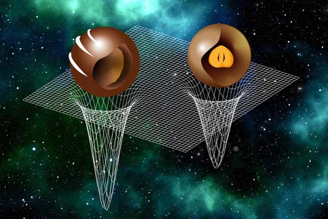 An illustration of two giant pralines in space.