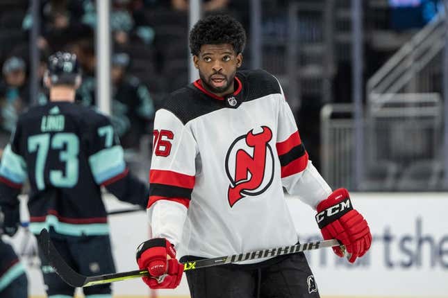 Apr 16, 2022; Seattle, Washington, USA; New Jersey Devils defenseman P.K. Subban (76) is pictured before game against the Seattle Kraken at Climate Pledge Arena.