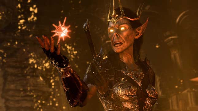 The Githyanki queen is shown holding a magical artefact.