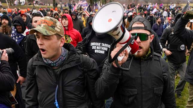 Proud Boys members Zachary Rehl, left, and Ethan Nordean, left, walk toward the U.S. Capitol in Washington, in support of President Donald Trump on Jan. 6, 2021. A federal judge on Tuesday, Dec. 28 refused to dismiss an indictment charging four alleged leaders of the far-right Proud Boys, Ethan Nordean, Joseph Biggs, Zachary Rehl and Charles Donohoe, with conspiring to attack the U.S. Capitol to stop Congress from certifying President Joe Biden’s electoral victory. 