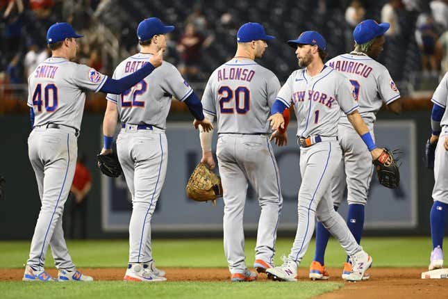Sep 5, 2023; Washington, District of Columbia, USA; New York Mets right fielder Jeff McNeil (1) and first baseman Pete Alonso (20) celebrate after the game against the Washington Nationals at Nationals Park.