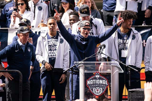 Apr 8, 2023; Hartford, CT, USA; UConn Huskies head coach Dan Hurley reacts to the crowd as he and the team are honored with a parade through downtown Hartford.