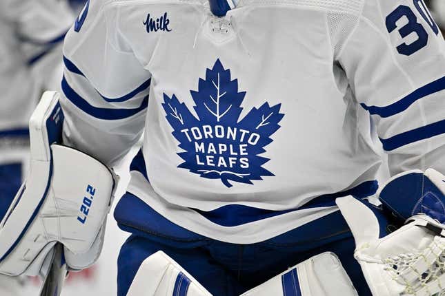 Dec 6, 2022; Dallas, Texas, USA; A view of the Toronto Maple Leafs logo during the game between the Dallas Stars and the Toronto Maple Leafs at American Airlines Center.