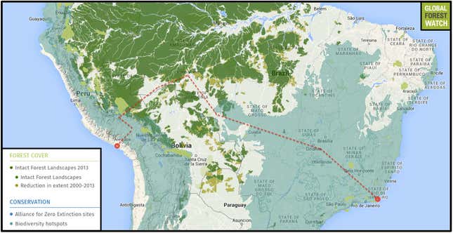 Map 3: China’s South American railway project, which cuts through the Amazon rainforest.