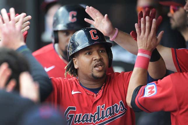 Sep 17, 2023; Cleveland, Ohio, USA; Cleveland Guardians designated hitter Jose Ramirez (11) celebrates after hitting a home run during the fourth inning against the Texas Rangers at Progressive Field.