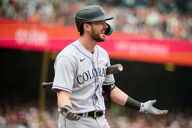 Jul 9, 2023; San Francisco, California, USA; Colorado Rockies outfielder Kris Bryant (23) reacts toward first base umpire Quinn Wolcott (not pictured) after striking out against the San Francisco Giants during the ninth inning at Oracle Park.
