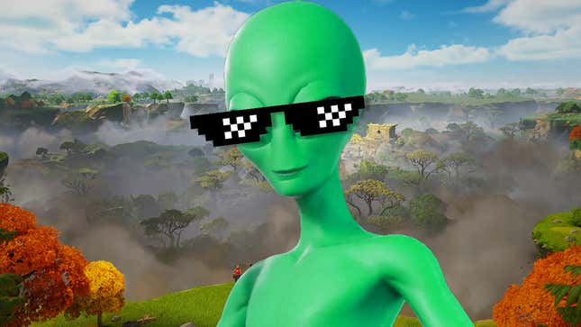 An alien stands before a Fortnite map while wearing sunglasses.
