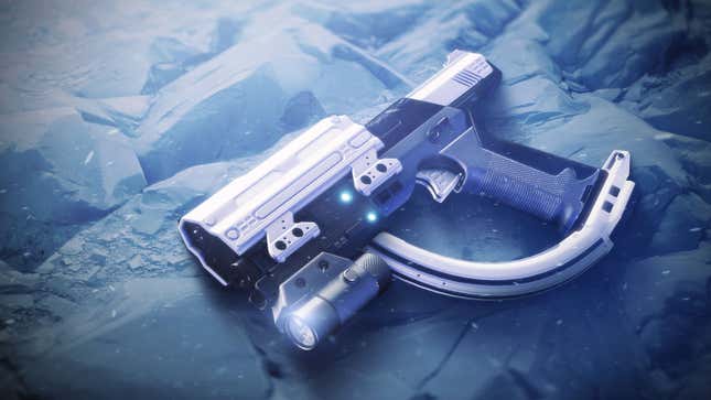 A futuristic gun lays on an icy-looking landscape.