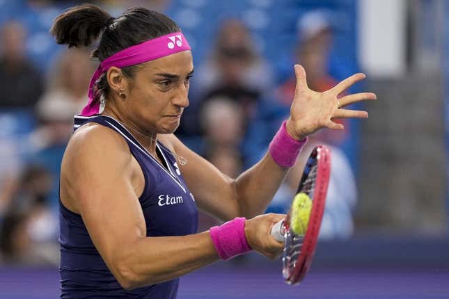 Aug 15, 2023; Mason, OH, USA; Caroline Garcia returns a shot in the first set of a Round of 32 match against Sloane Stephens in the Western &amp;amp; Southern Open at the Lindner Family Tennis Center.